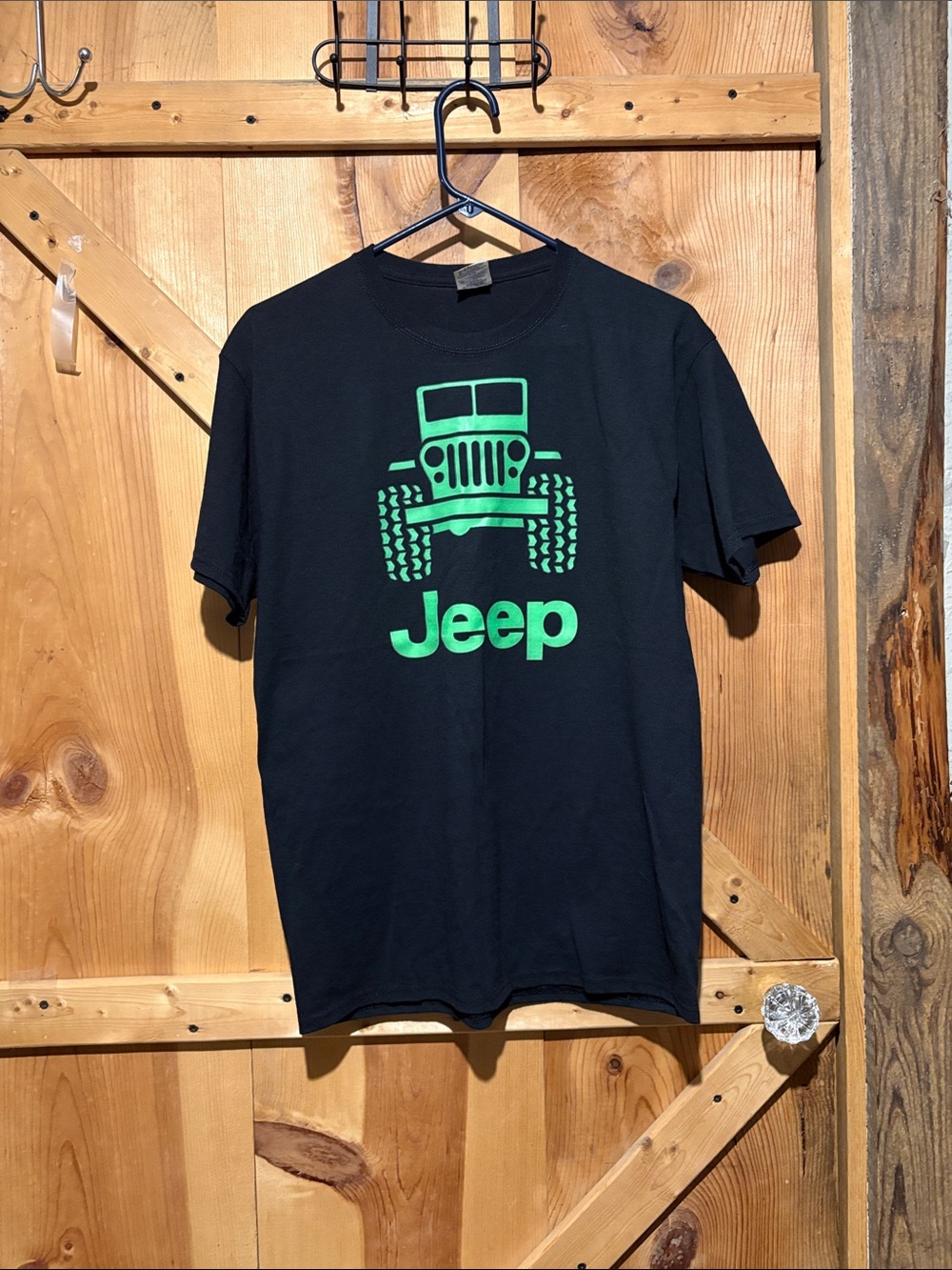 Jerzees Black T‑Shirt with Bright Green Jeep Graphic